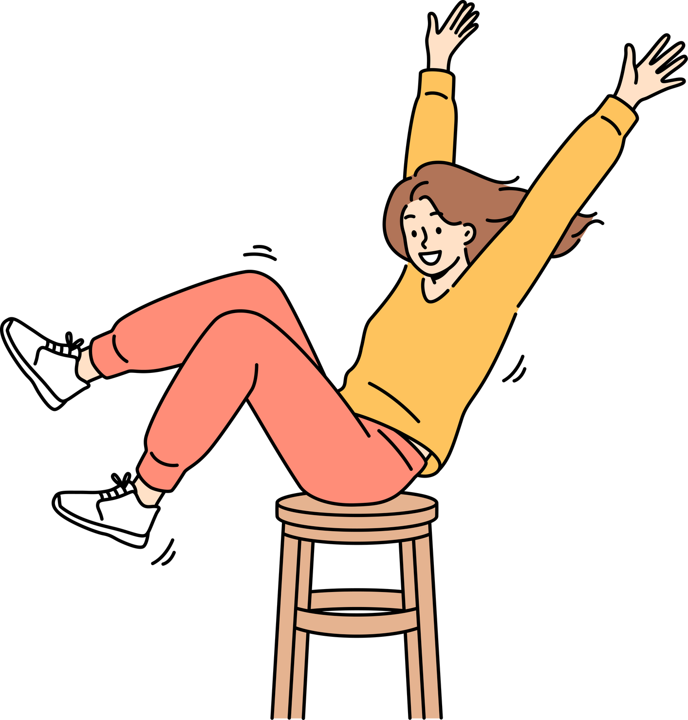 Happy girl is spinning on wooden chair, raising hands up and sharing good mood with others