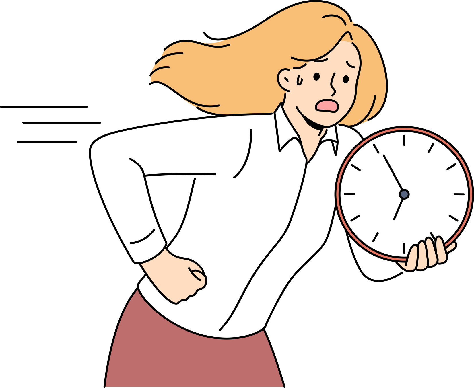 Running woman is holding clock and is nervous trying to comply with deadlines and complete work